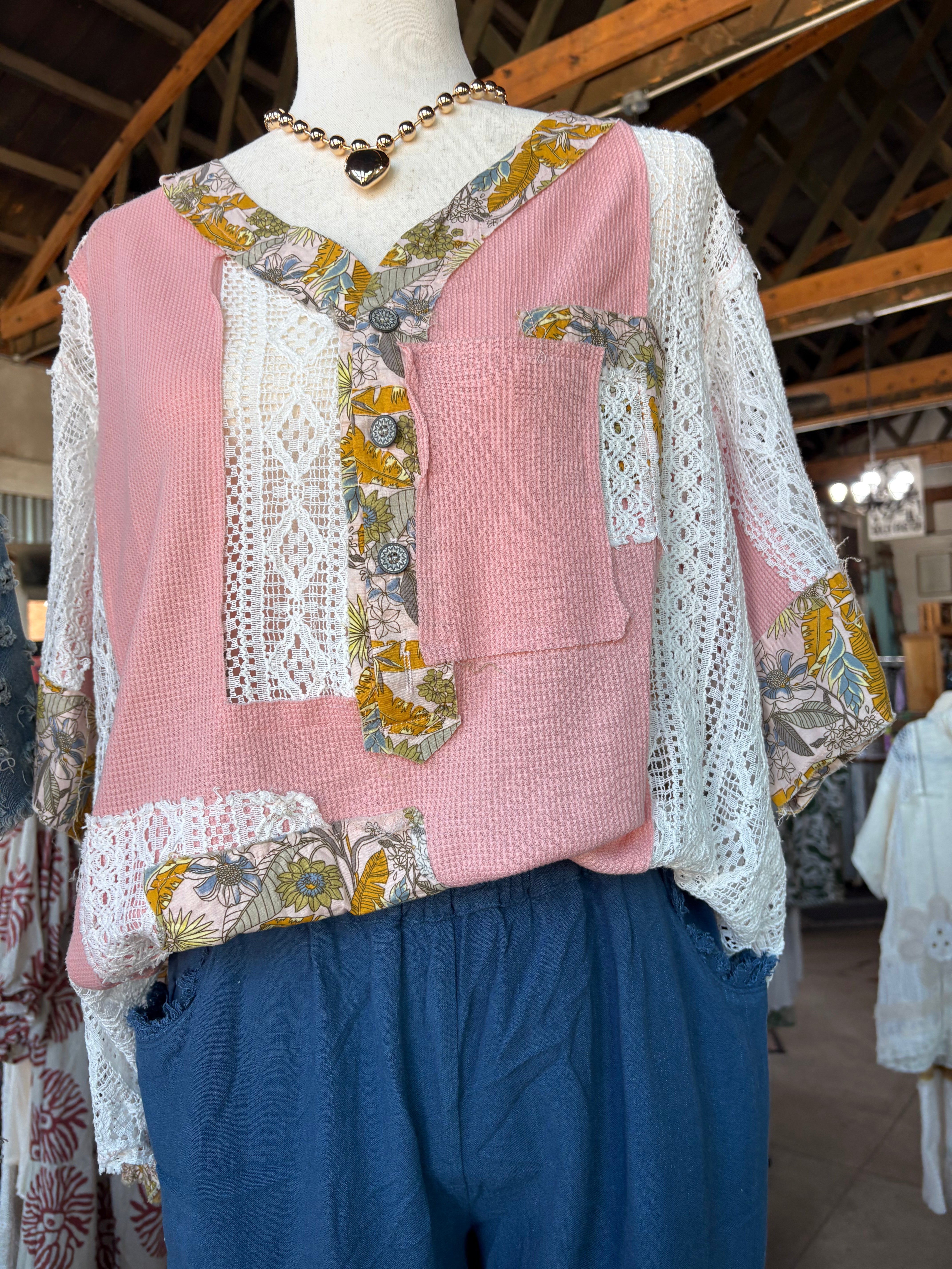 Boho Patchwork Lace Thermal Top - Salmon Pink-TOP-POL Clothing-Stuffology - Where Vintage Meets Modern, A Boutique for Real Women in Crosbyton, TX