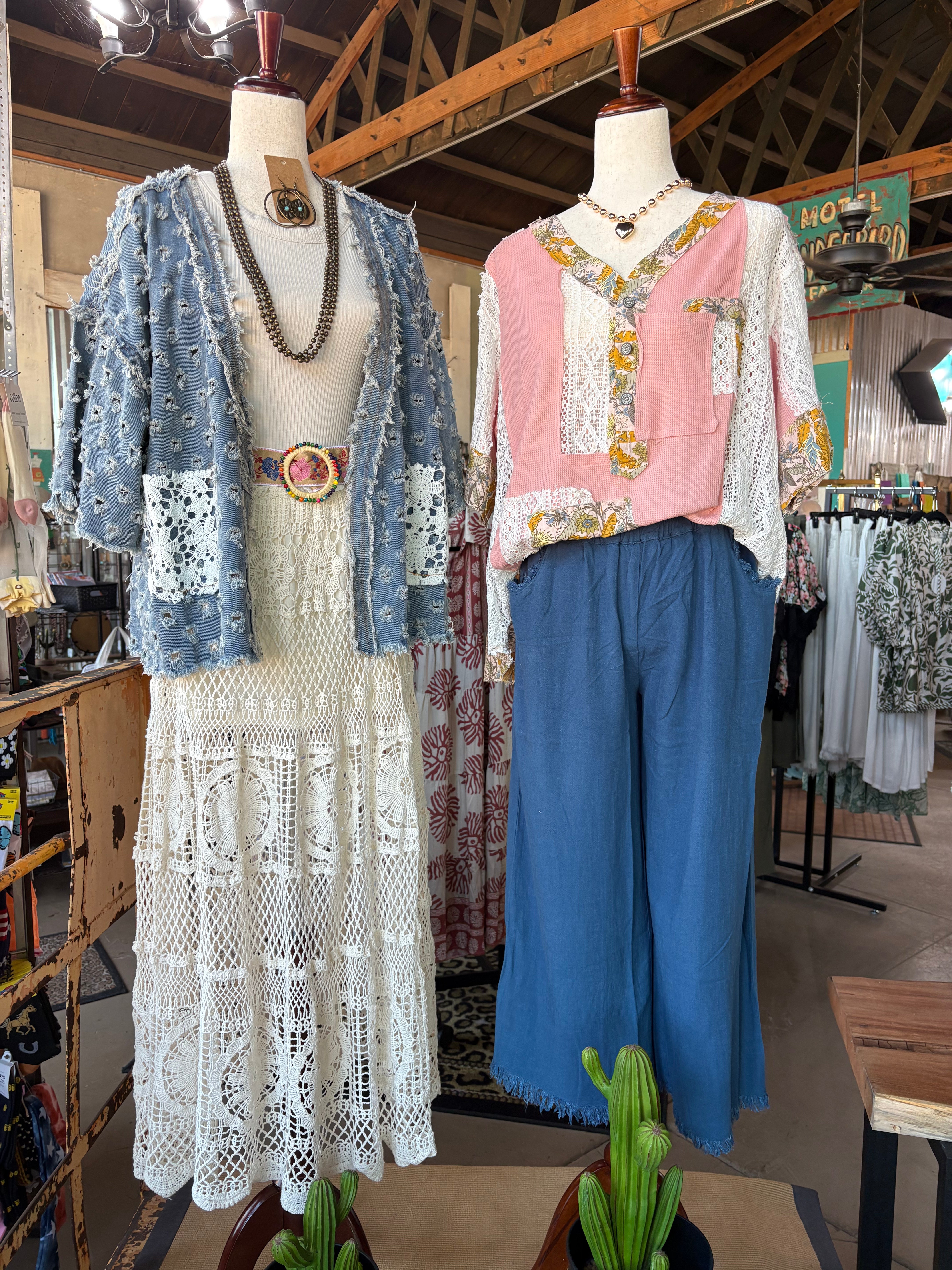 Boho Patchwork Lace Thermal Top - Salmon Pink-TOP-POL Clothing-Stuffology - Where Vintage Meets Modern, A Boutique for Real Women in Crosbyton, TX