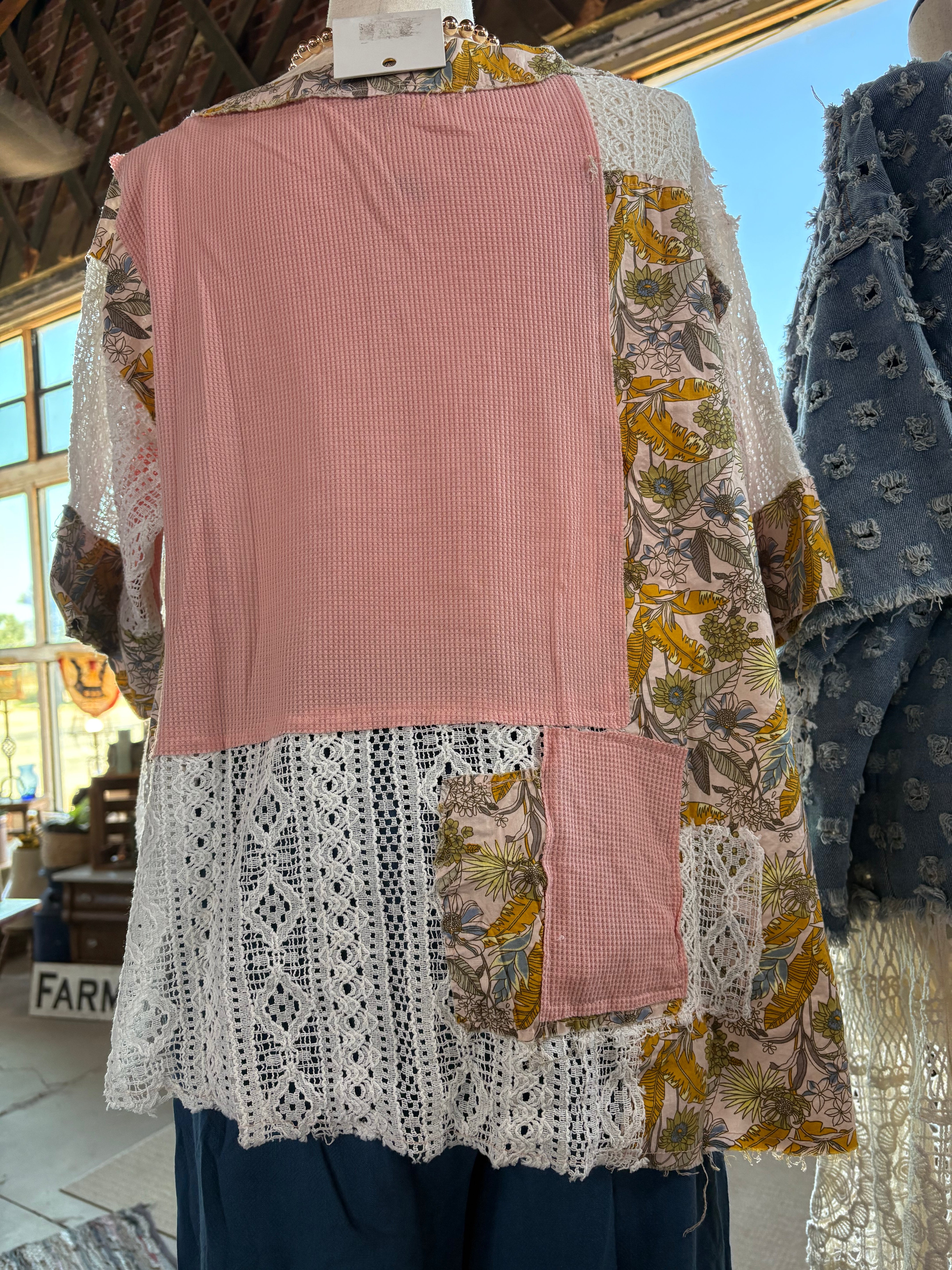 Boho Patchwork Lace Thermal Top - Salmon Pink-TOP-POL Clothing-Stuffology - Where Vintage Meets Modern, A Boutique for Real Women in Crosbyton, TX