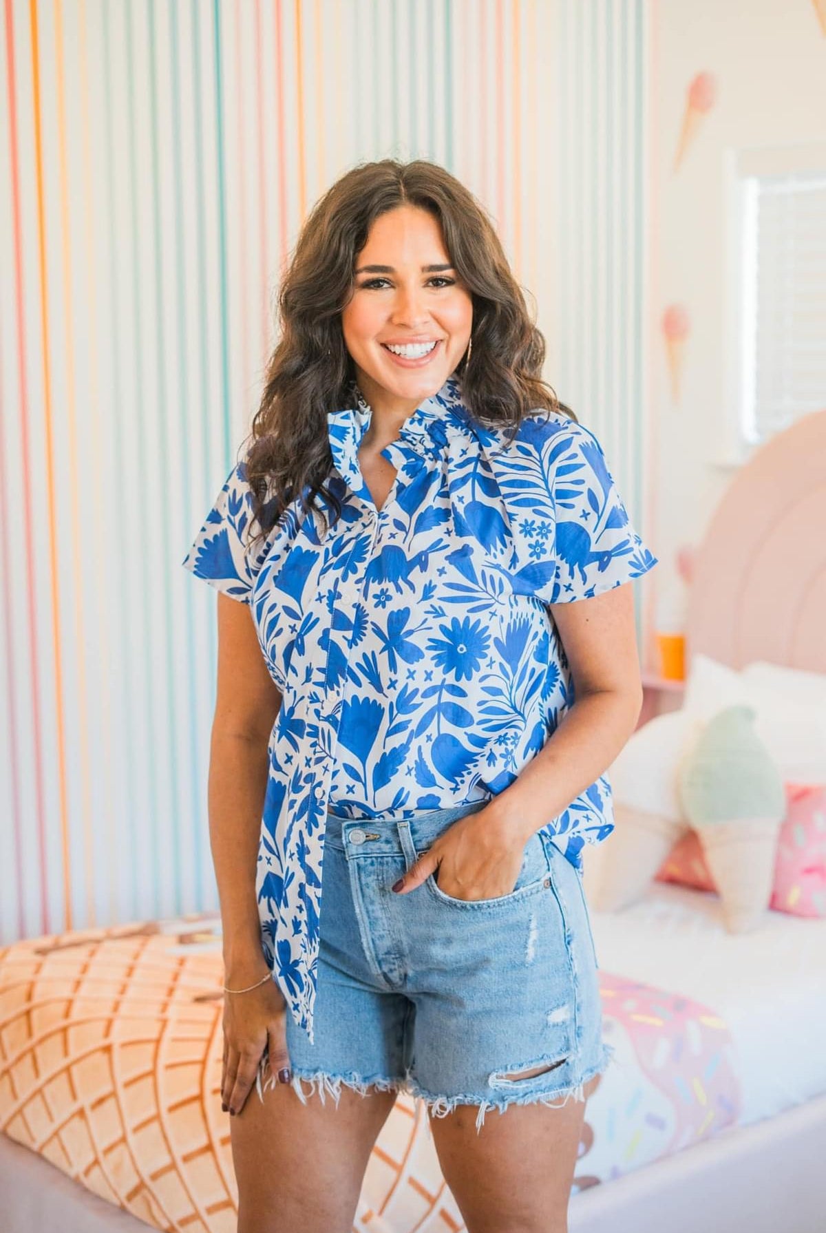 Sarah Royal Blue Printed Button Up Shirt-Top-Layerz Clothing-Stuffology - Where Vintage Meets Modern, A Boutique for Real Women in Crosbyton, TX