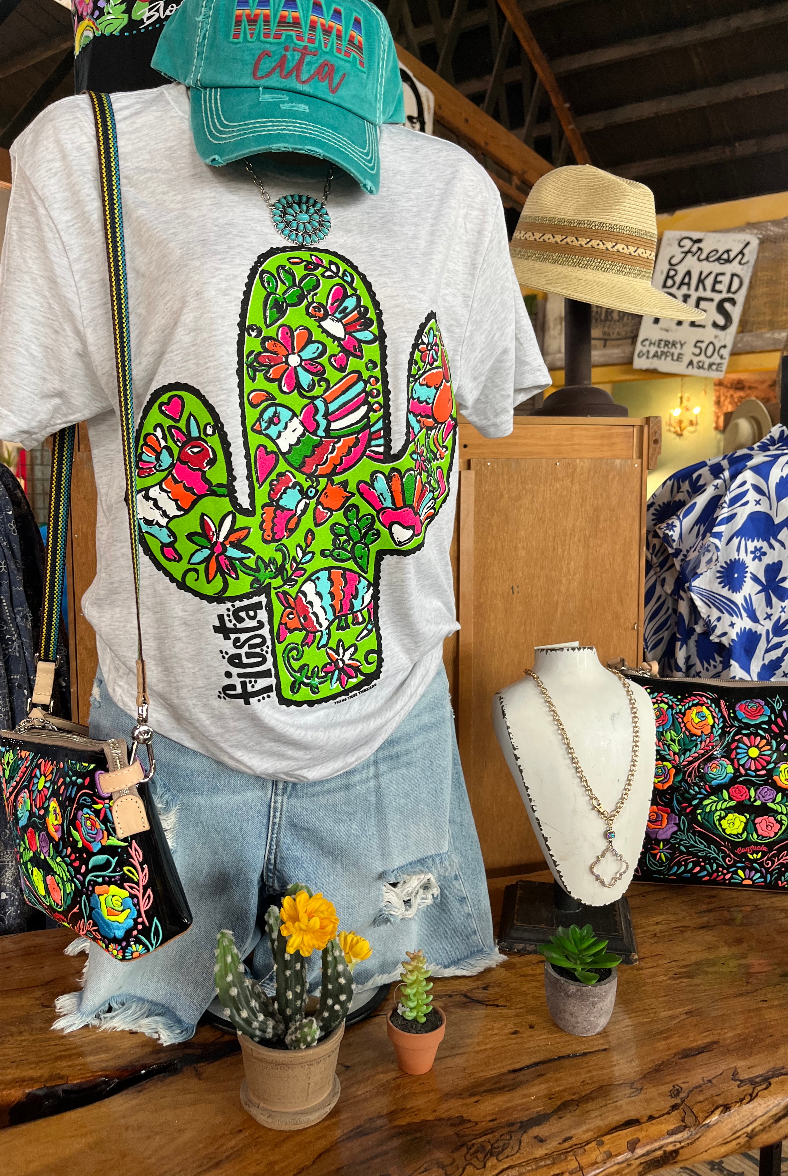 Boho Style Fiesta Cactus on Heather White Tee / Stuffology Boutique-Graphic Tees-Texas True Threads-Stuffology - Where Vintage Meets Modern, A Boutique for Real Women in Crosbyton, TX