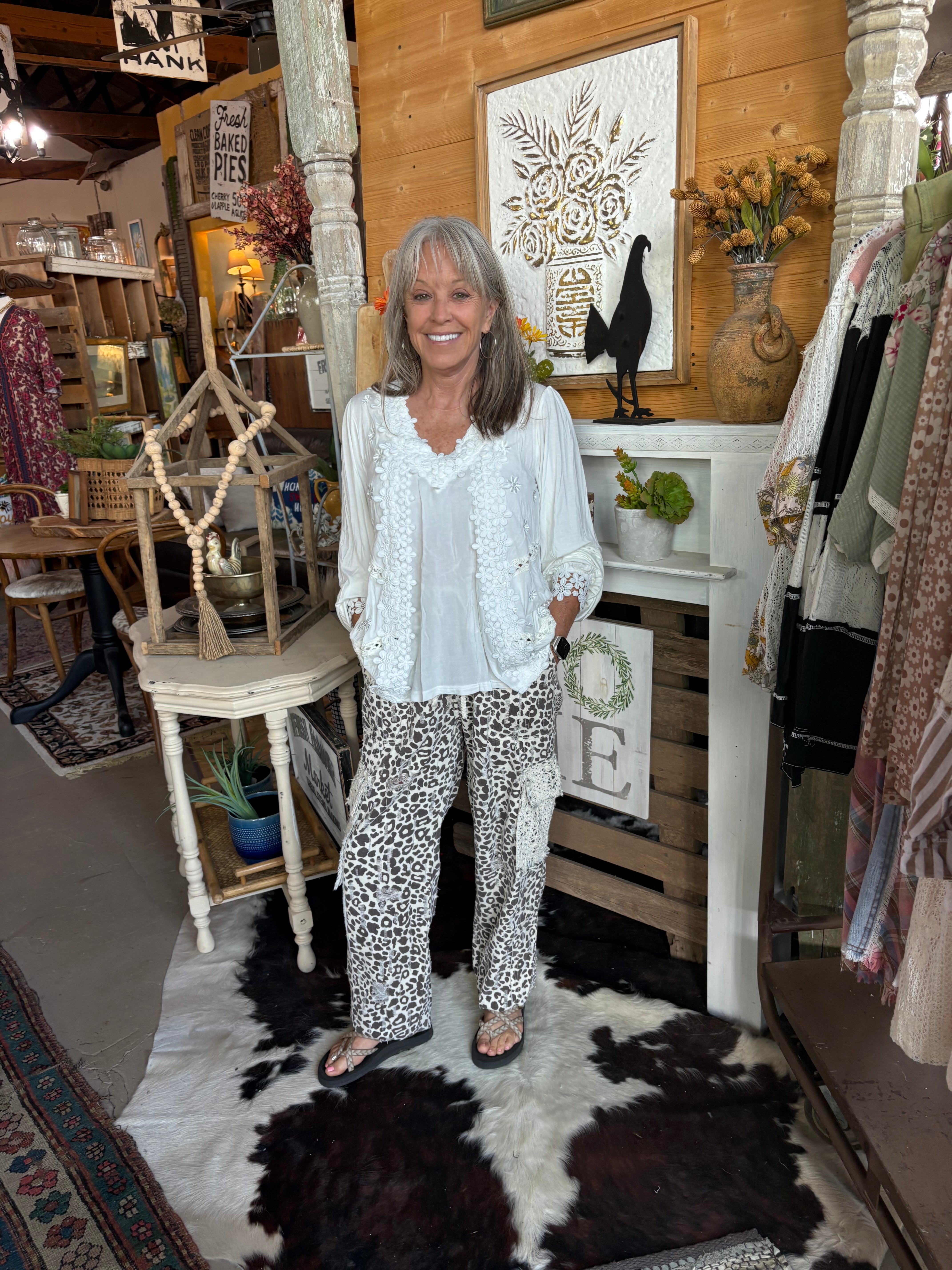 POL Clothing Long Sleeve Contrast Floral Lace Crochet Detail V-Neck Top-TOP-Pol Clothing-Stuffology - Where Vintage Meets Modern, A Boutique for Real Women in Crosbyton, TX