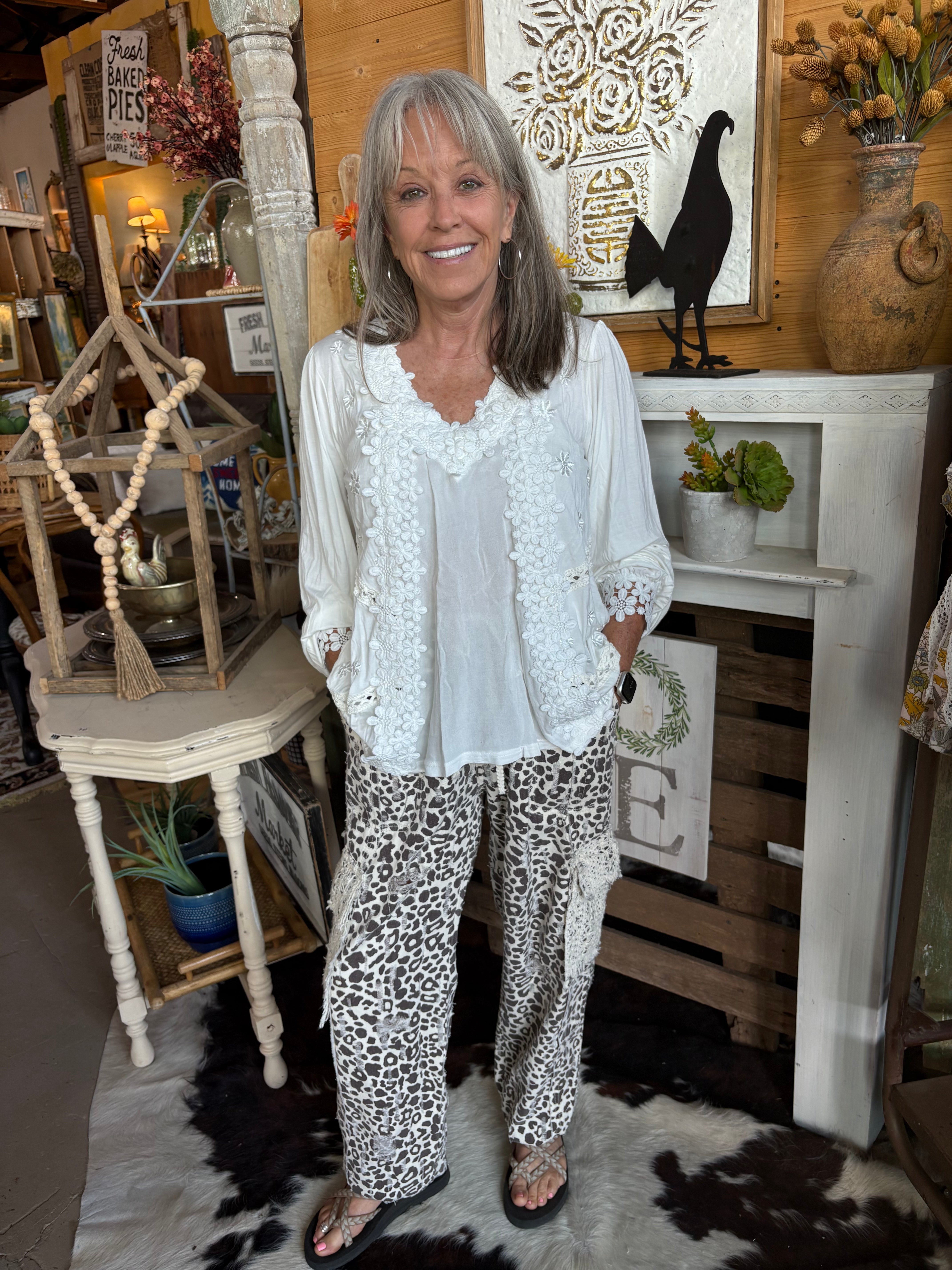 POL Clothing Long Sleeve Contrast Floral Lace Crochet Detail V-Neck Top-TOP-Pol Clothing-Stuffology - Where Vintage Meets Modern, A Boutique for Real Women in Crosbyton, TX