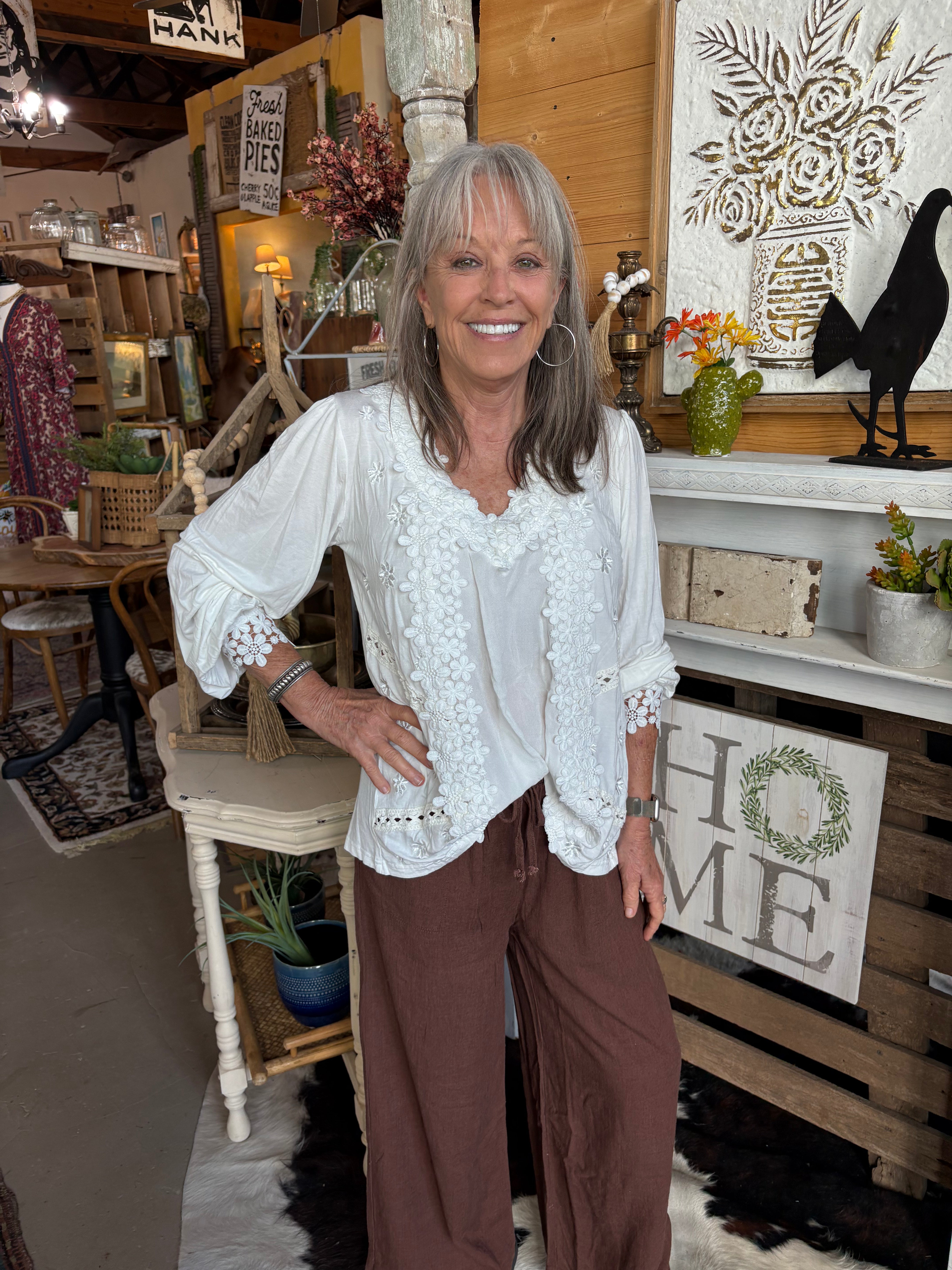POL Clothing Long Sleeve Contrast Floral Lace Crochet Detail V-Neck Top-TOP-Pol Clothing-Stuffology - Where Vintage Meets Modern, A Boutique for Real Women in Crosbyton, TX