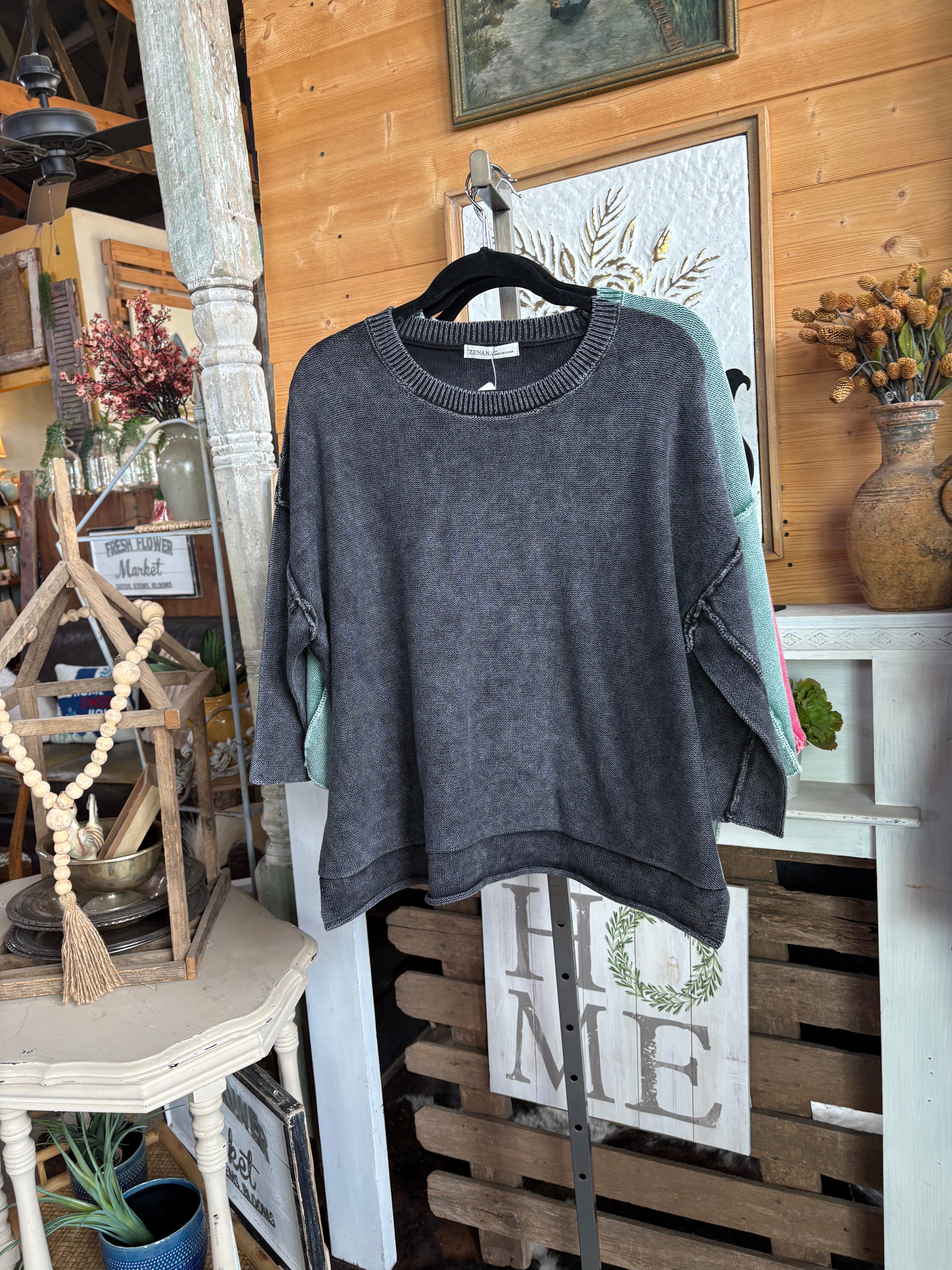 CHARCOAL WASHED BOXY 3/4 SLEEVE SWEATER-Sweaters-Stuffology Boutique-Stuffology - Where Vintage Meets Modern, A Boutique for Real Women in Crosbyton, TX