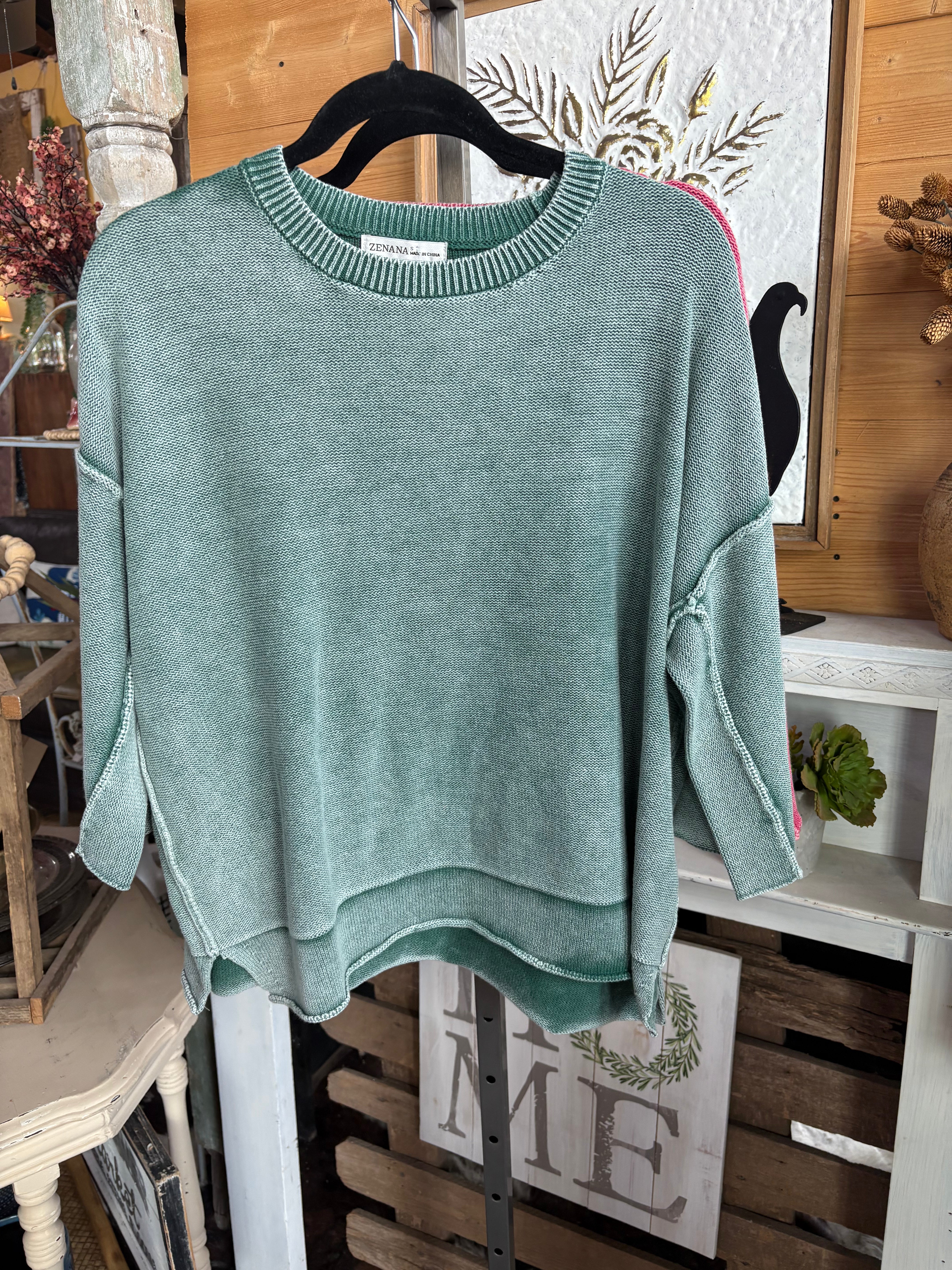 GREEN WASHED BOXY 3/4 SLEEVE SWEATER-Sweaters-Stuffology Boutique -Stuffology - Where Vintage Meets Modern, A Boutique for Real Women in Crosbyton, TX