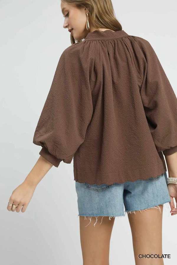 Chocolate Split V-Neck Top with Balloon Sleeves-TOP-Umgee-Stuffology - Where Vintage Meets Modern, A Boutique for Real Women in Crosbyton, TX