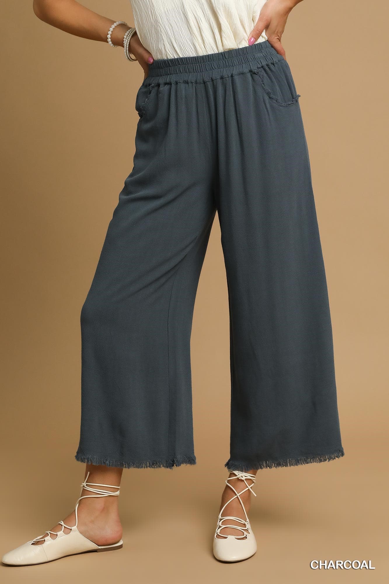 Charcoal Frayed Hem Wide-Leg Pants-Pants-Umgee-Stuffology - Where Vintage Meets Modern, A Boutique for Real Women in Crosbyton, TX