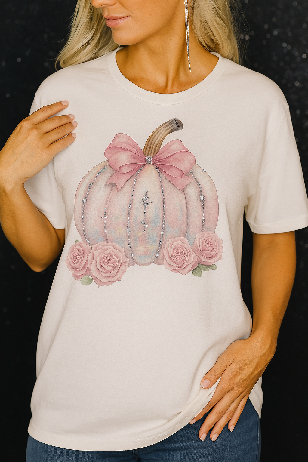 Pretty in Pink Crystal Pumpkin Graphic Tee-Graphic Tees-JCoons-Stuffology - Where Vintage Meets Modern, A Boutique for Real Women in Crosbyton, TX