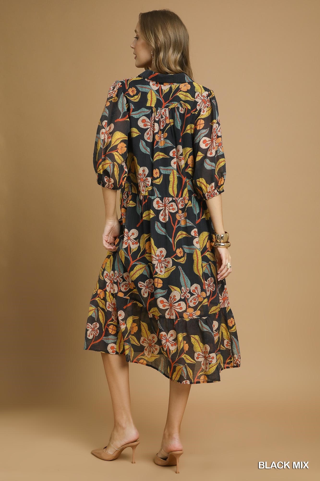Floral Abstract Print Collared Tiered Midi Dress - Black Mix-Dress-Umgee-Stuffology - Where Vintage Meets Modern, A Boutique for Real Women in Crosbyton, TX