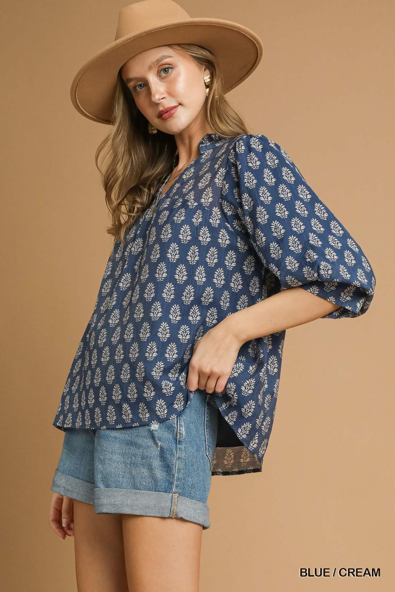 Split Neck Top with Puff Sleeves - Blue/Cream-Top-Umgee-Stuffology - Where Vintage Meets Modern, A Boutique for Real Women in Crosbyton, TX