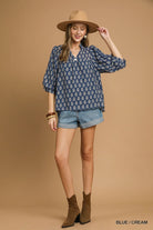 Split Neck Top with Puff Sleeves - Blue/Cream-Top-Umgee-Stuffology - Where Vintage Meets Modern, A Boutique for Real Women in Crosbyton, TX