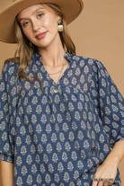 Split Neck Top with Puff Sleeves - Blue/Cream-Top-Umgee-Stuffology - Where Vintage Meets Modern, A Boutique for Real Women in Crosbyton, TX