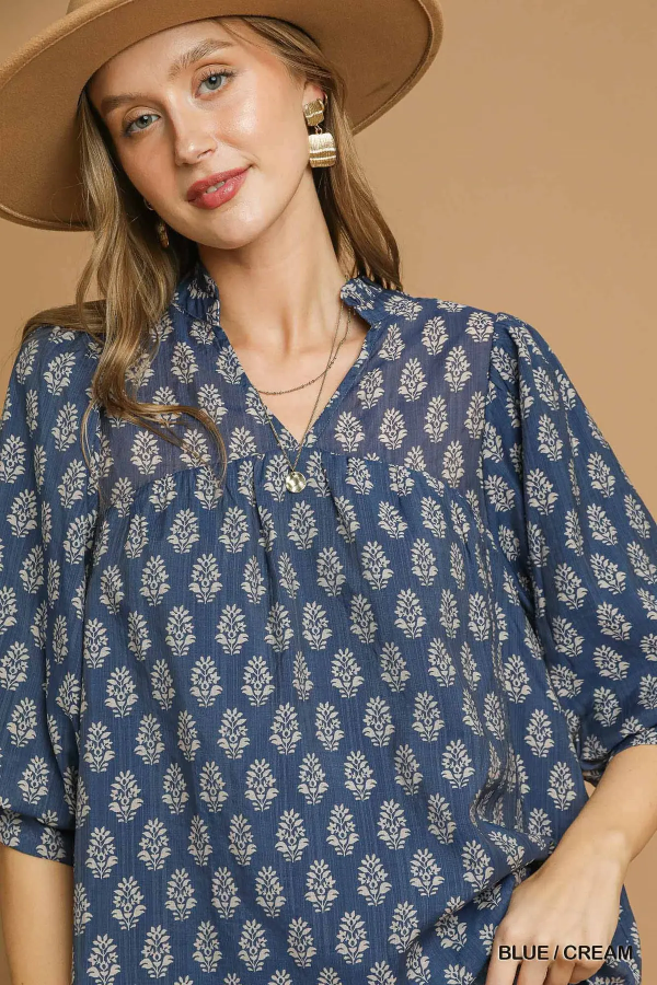 Split Neck Top with Puff Sleeves - Blue/Cream-Top-Umgee-Stuffology - Where Vintage Meets Modern, A Boutique for Real Women in Crosbyton, TX