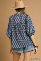 Split Neck Top with Puff Sleeves - Blue/Cream-Top-Umgee-Stuffology - Where Vintage Meets Modern, A Boutique for Real Women in Crosbyton, TX