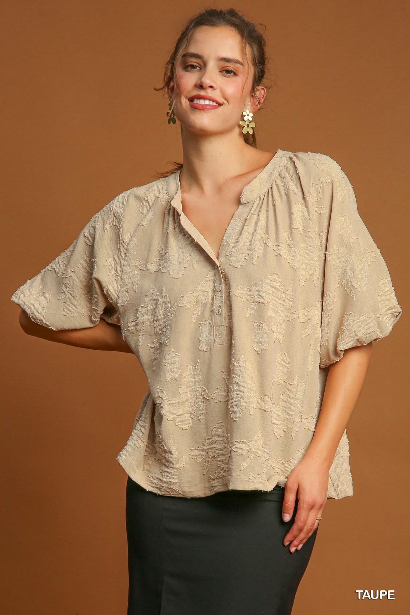 Floral Burnout Split Neck Bubble Sleeve Top - Taupe-Top-Umgee-Stuffology - Where Vintage Meets Modern, A Boutique for Real Women in Crosbyton, TX