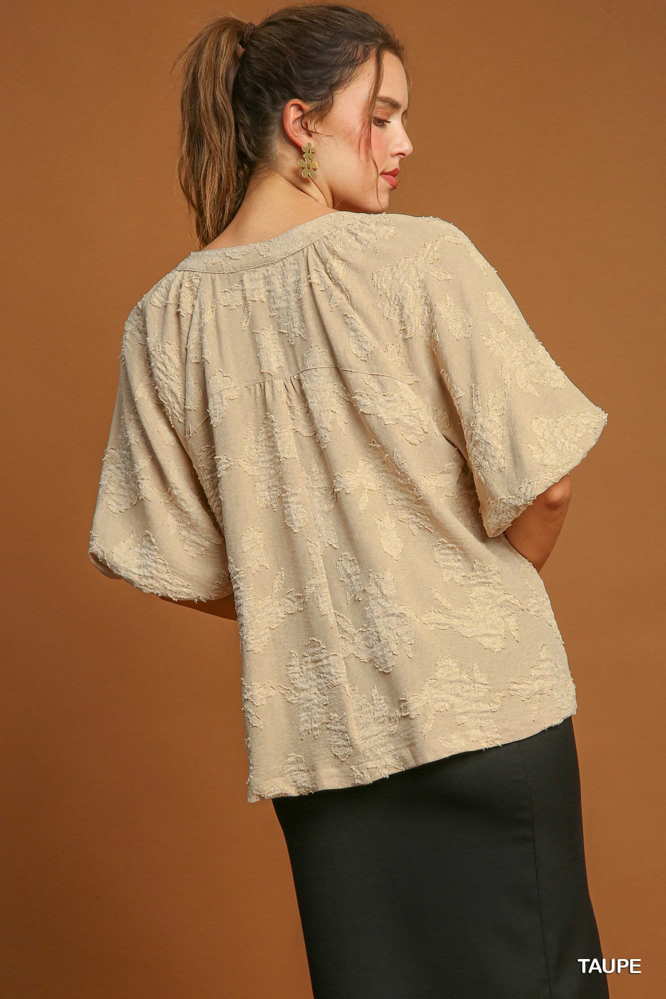 Floral Burnout Split Neck Bubble Sleeve Top - Taupe-Top-Umgee-Stuffology - Where Vintage Meets Modern, A Boutique for Real Women in Crosbyton, TX