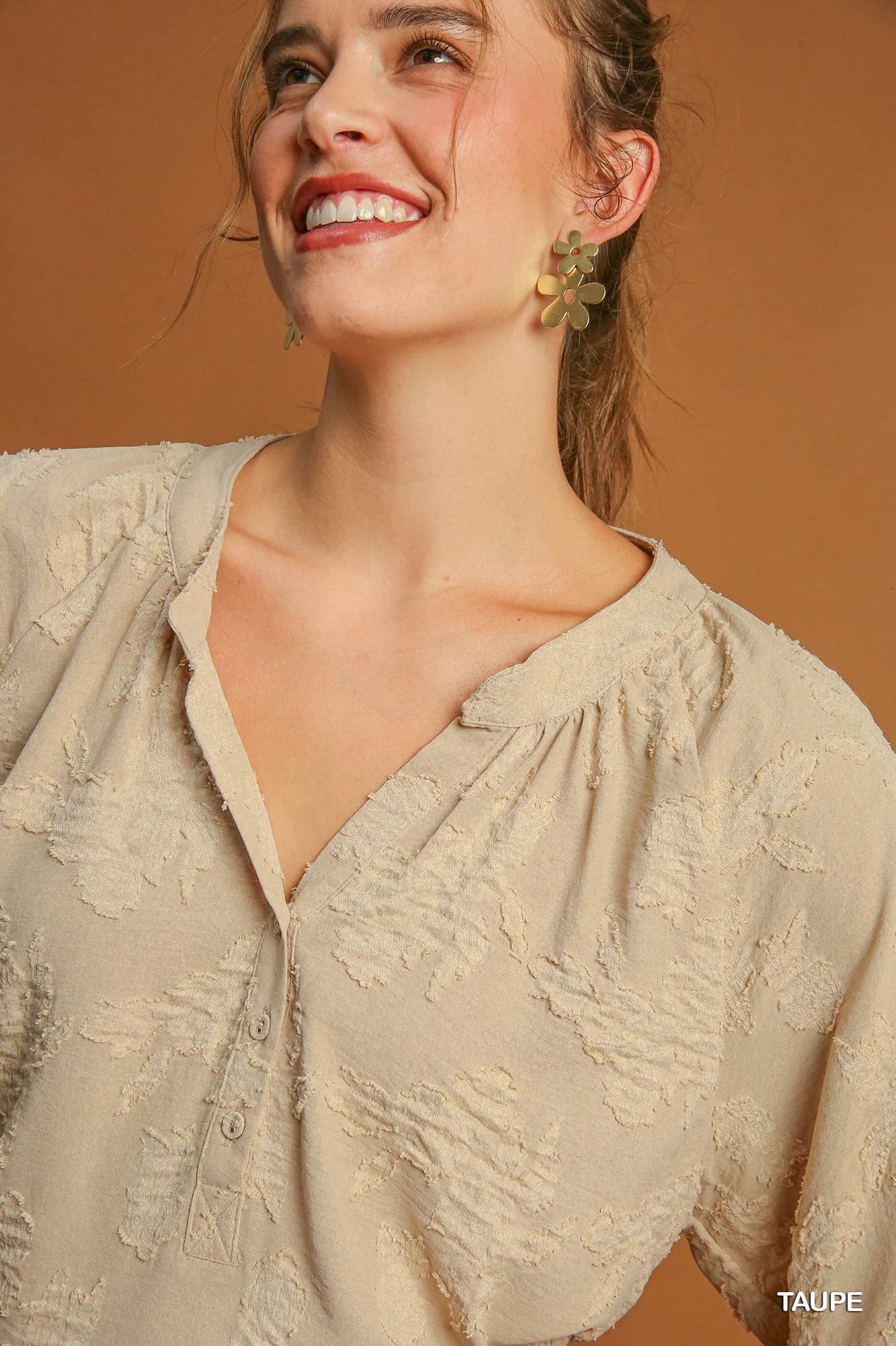 Floral Burnout Split Neck Bubble Sleeve Top - Taupe-Top-Umgee-Stuffology - Where Vintage Meets Modern, A Boutique for Real Women in Crosbyton, TX