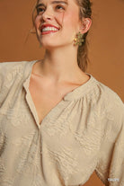 Floral Burnout Split Neck Bubble Sleeve Top - Taupe-Top-Umgee-Stuffology - Where Vintage Meets Modern, A Boutique for Real Women in Crosbyton, TX