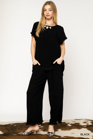 Linen Blend Wide Leg Pants - Black Fray Hem-Pants-Umgee-Stuffology - Where Vintage Meets Modern, A Boutique for Real Women in Crosbyton, TX