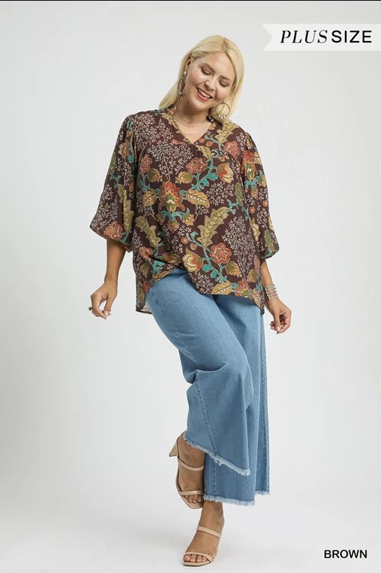 Floral Print Ruffled V-Neck Top-Top-Umgee-Stuffology - Where Vintage Meets Modern, A Boutique for Real Women in Crosbyton, TX