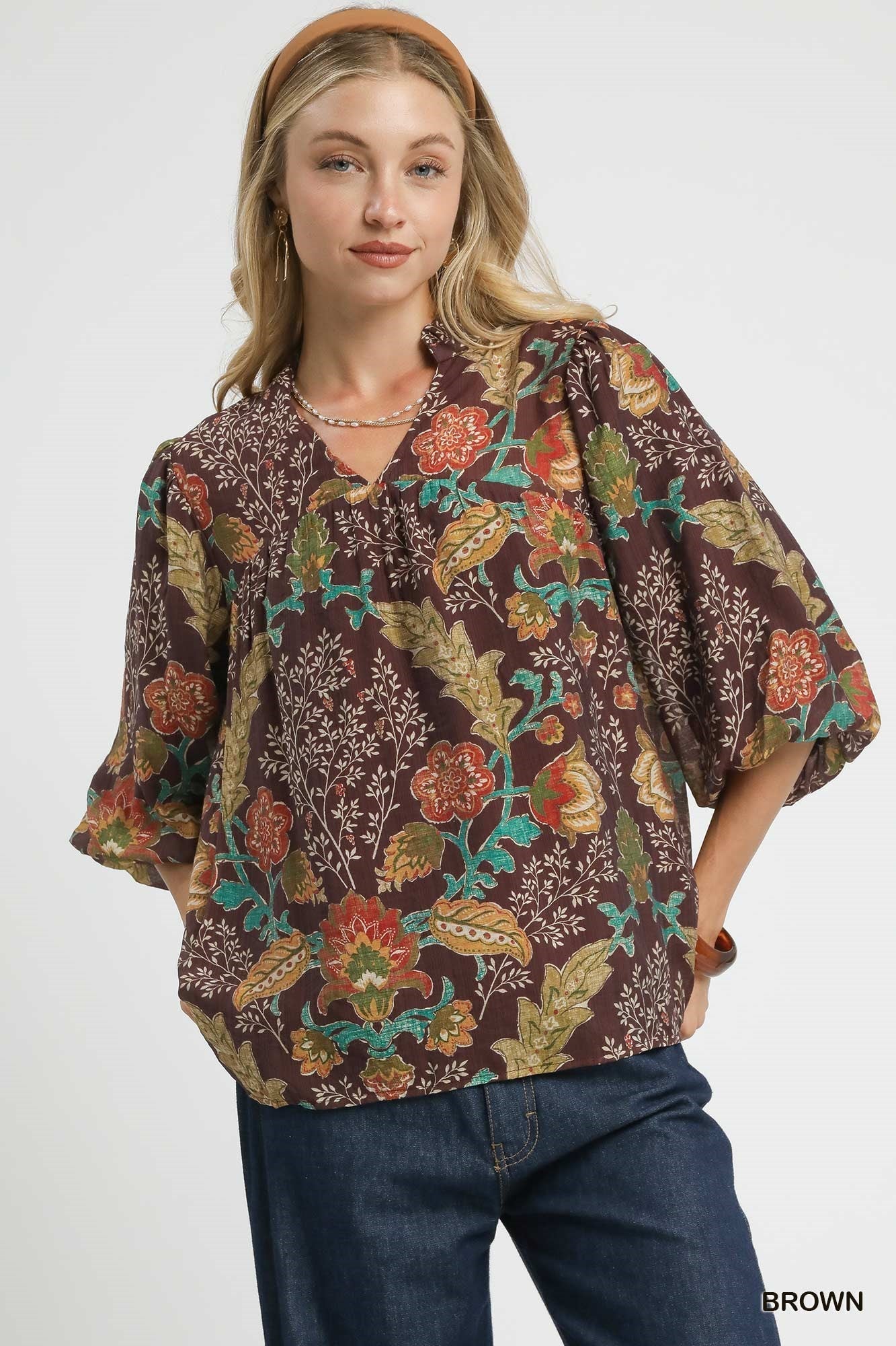 Floral Print Ruffled V-Neck Top-Top-Umgee-Stuffology - Where Vintage Meets Modern, A Boutique for Real Women in Crosbyton, TX
