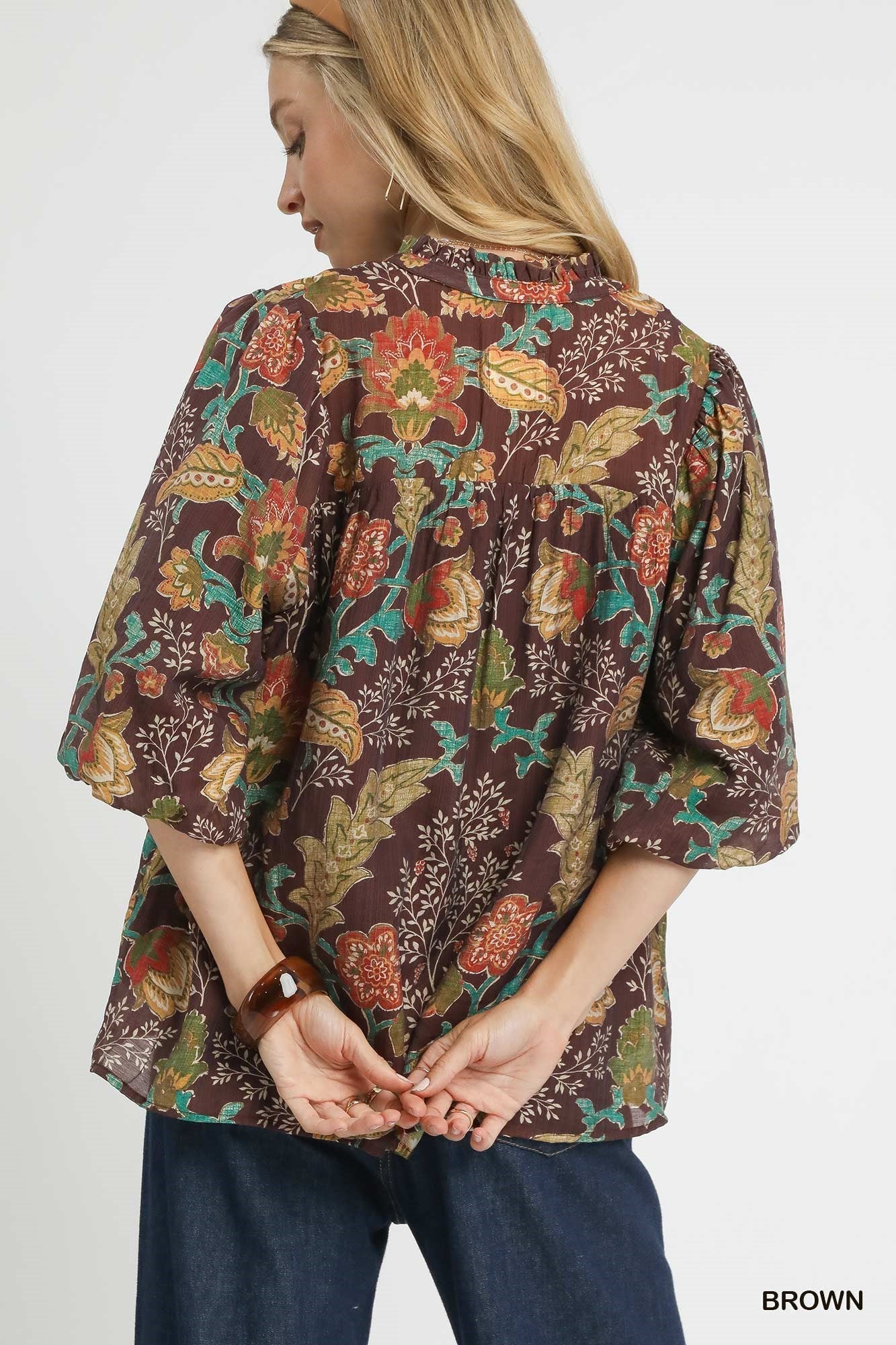 Floral Print Ruffled V-Neck Top-Top-Umgee-Stuffology - Where Vintage Meets Modern, A Boutique for Real Women in Crosbyton, TX