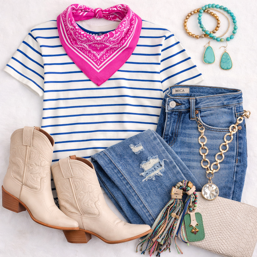 Blue Striped Crew Neck Tee-Tops-Zenana-Stuffology - Where Vintage Meets Modern, A Boutique for Real Women in Crosbyton, TX