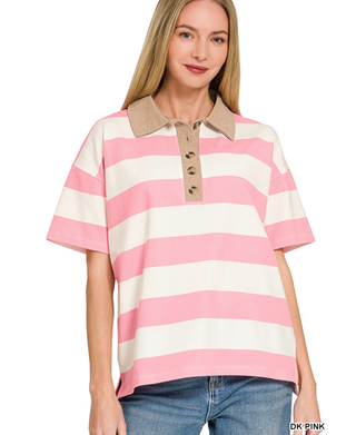 Striped Collared Polo Top-stripe top-Stuffology Boutique -Stuffology - Where Vintage Meets Modern, A Boutique for Real Women in Crosbyton, TX