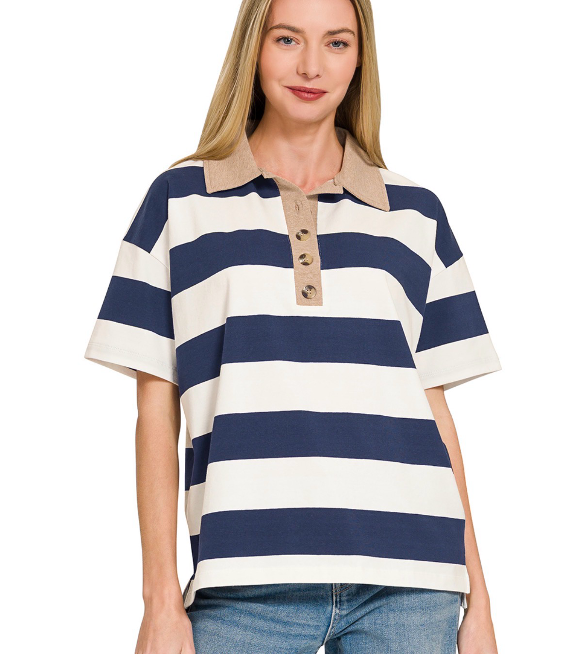 Striped Collared Polo Top-stripe top-Stuffology Boutique -Stuffology - Where Vintage Meets Modern, A Boutique for Real Women in Crosbyton, TX