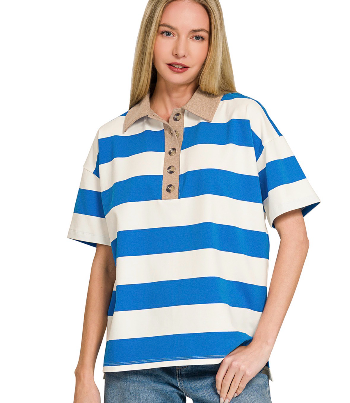 Striped Collared Polo Top-stripe top-Stuffology Boutique -Stuffology - Where Vintage Meets Modern, A Boutique for Real Women in Crosbyton, TX