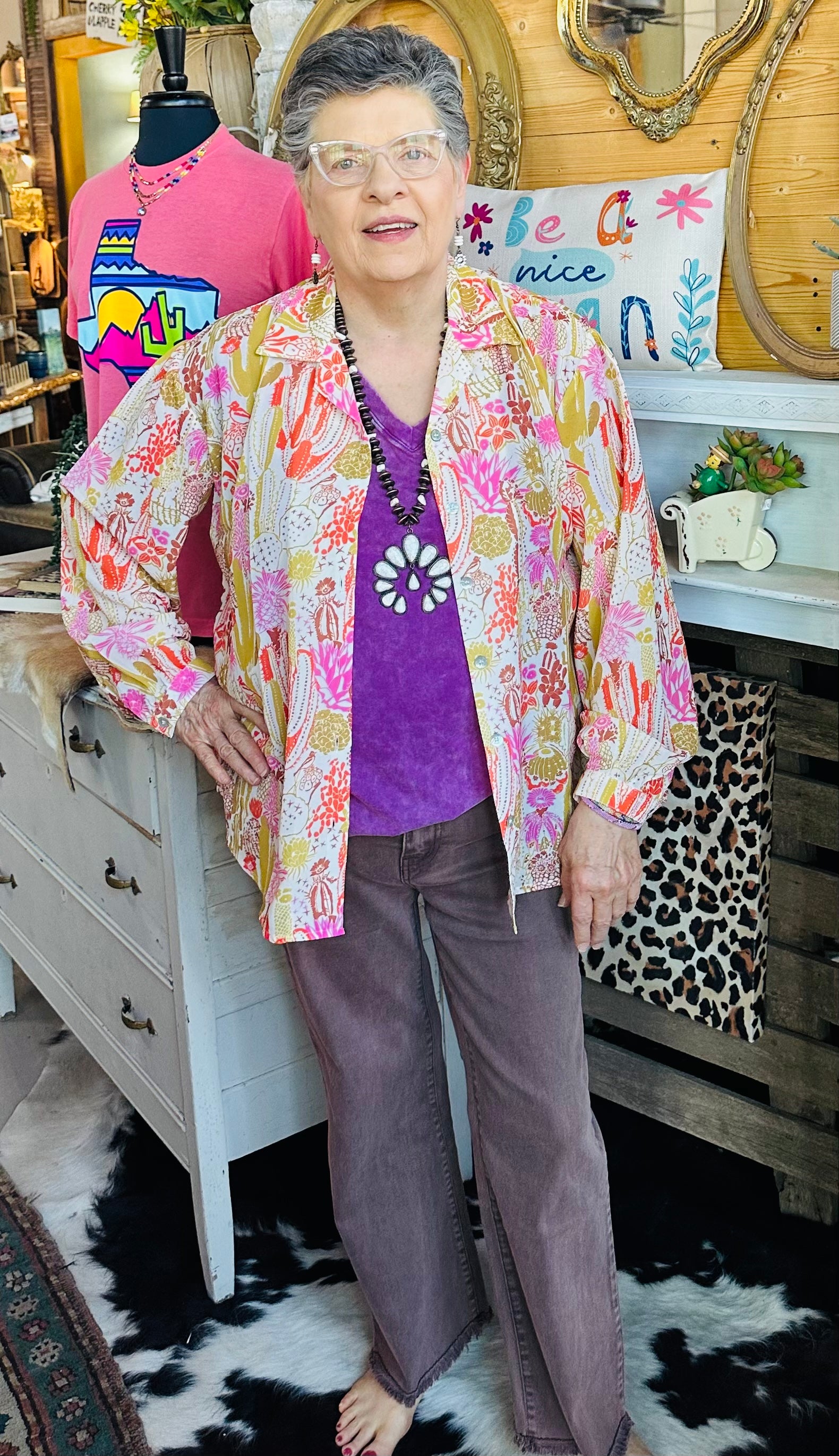 Chiffon Cactus Print Top / Stuffology Boutique-Top-Turquoise Haven-Stuffology - Where Vintage Meets Modern, A Boutique for Real Women in Crosbyton, TX