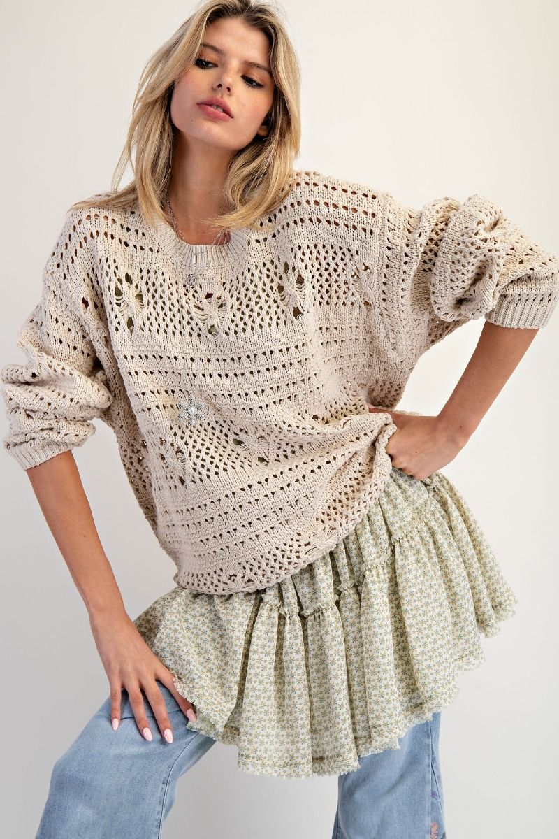 Crochet Knit Pullover Sweater – Long Sleeve, Neutral-Sweaters-Easel-Stuffology - Where Vintage Meets Modern, A Boutique for Real Women in Crosbyton, TX