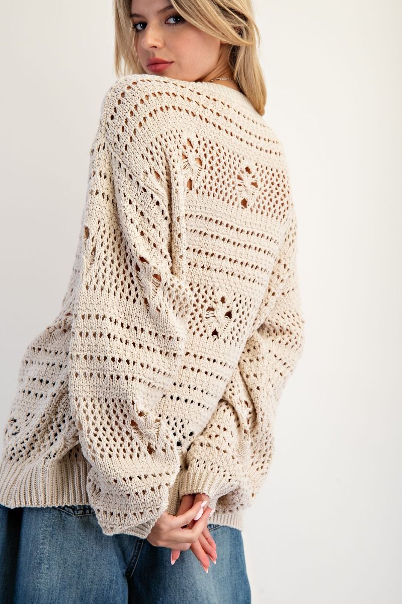 Crochet Knit Pullover Sweater – Long Sleeve, Neutral-Sweaters-Easel-Stuffology - Where Vintage Meets Modern, A Boutique for Real Women in Crosbyton, TX