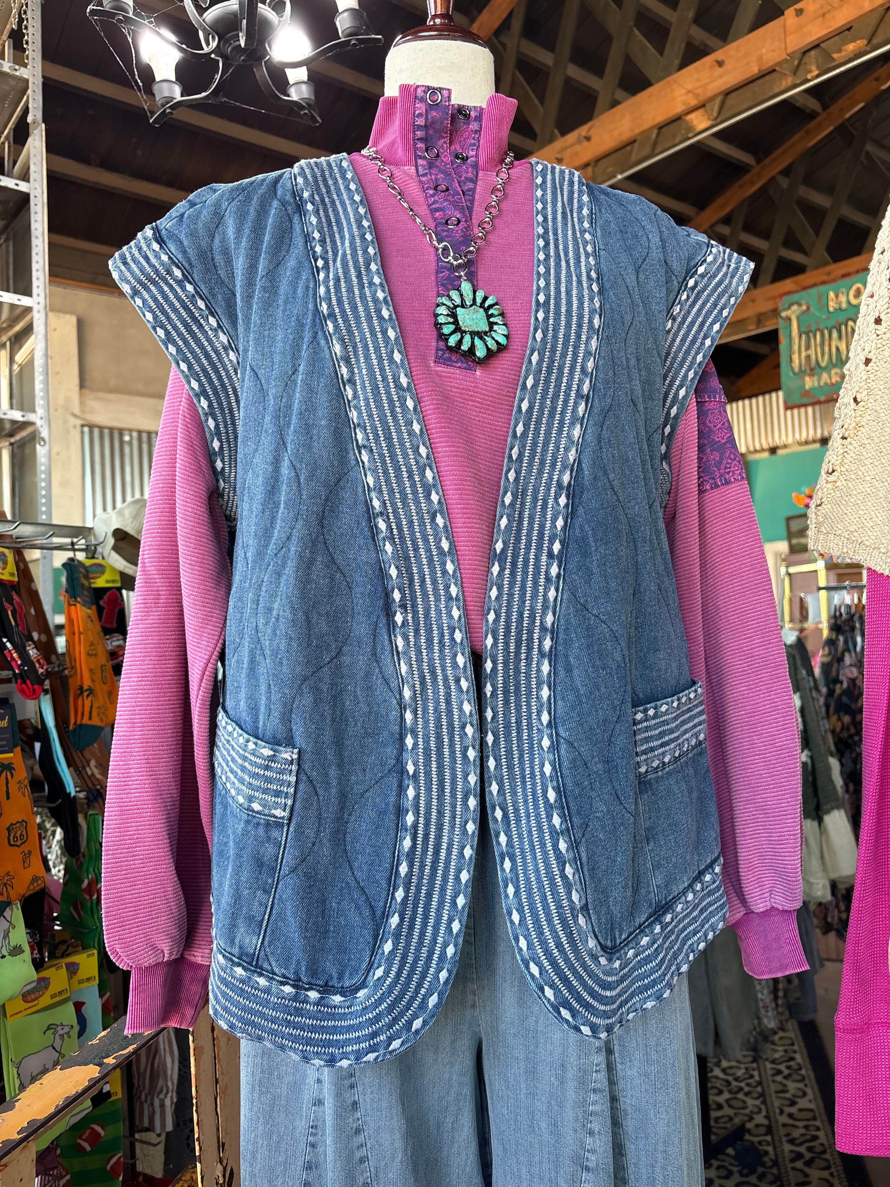 Embroidered Denim Hem Quilted Vest-Denim Vest-Easel-Stuffology - Where Vintage Meets Modern, A Boutique for Real Women in Crosbyton, TX