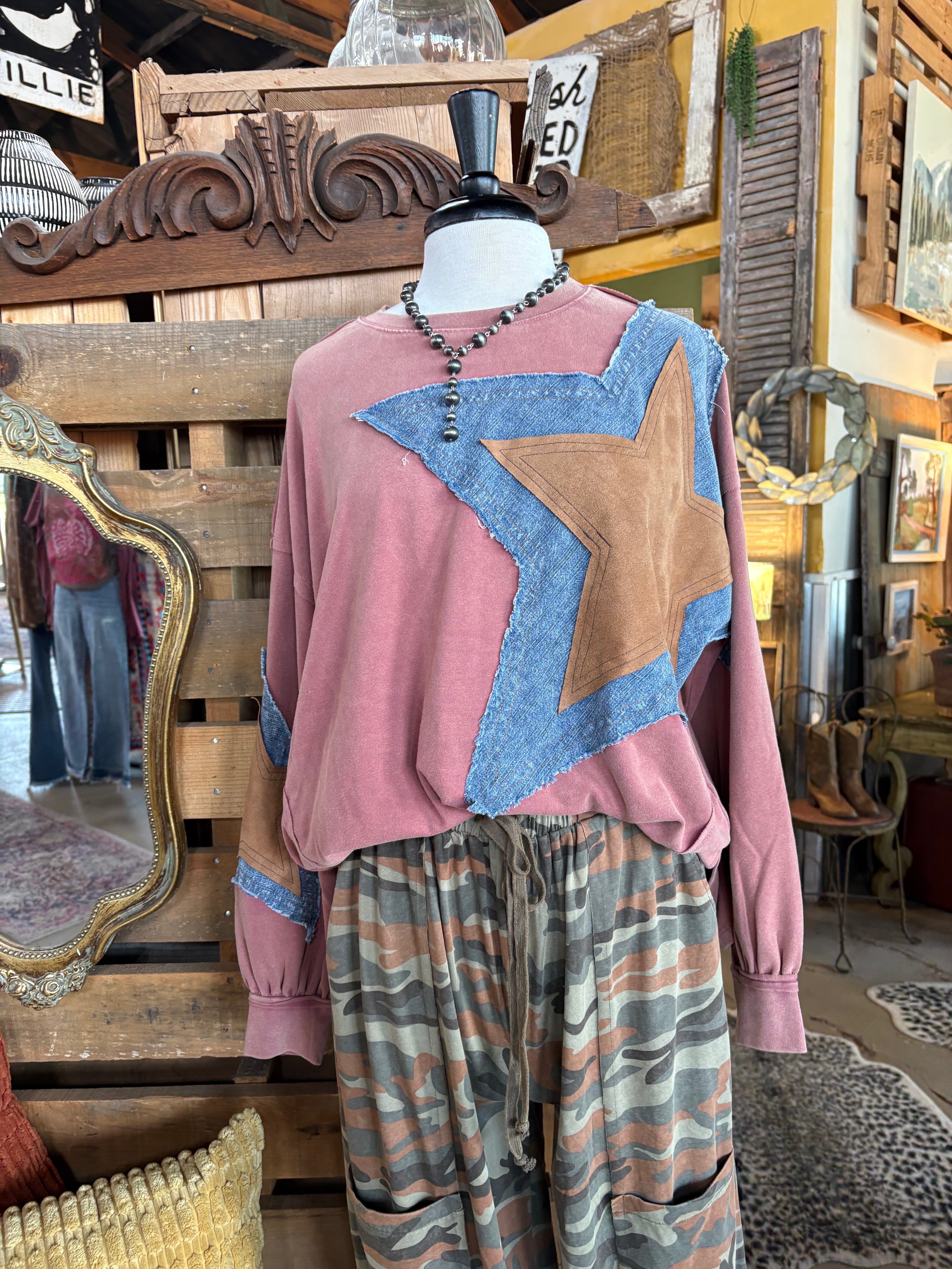 Long Sleeve Star Patch Front Top-Top-Easel-Stuffology - Where Vintage Meets Modern, A Boutique for Real Women in Crosbyton, TX