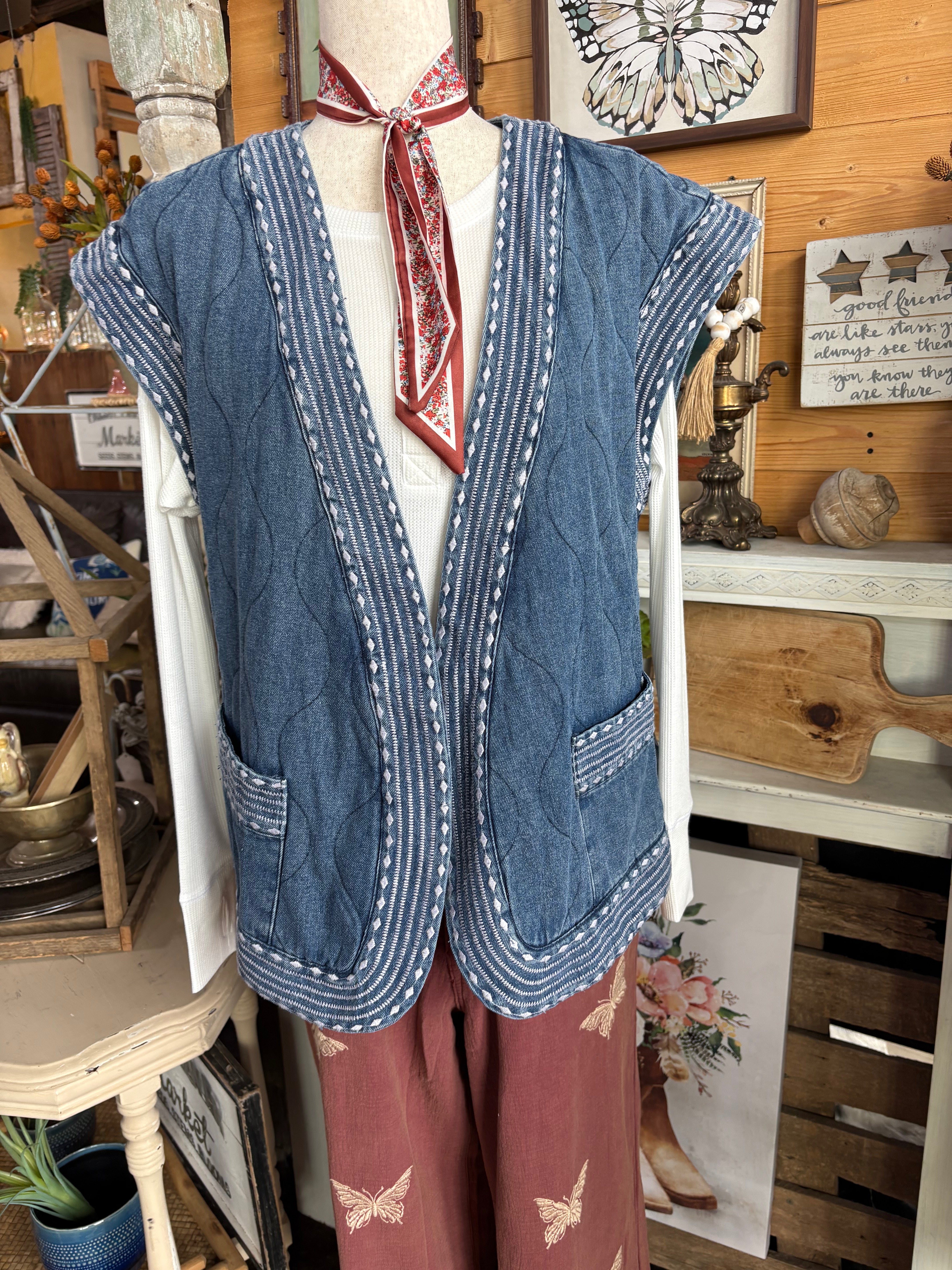 Embroidered Denim Hem Quilted Vest-Denim Vest-Easel-Stuffology - Where Vintage Meets Modern, A Boutique for Real Women in Crosbyton, TX