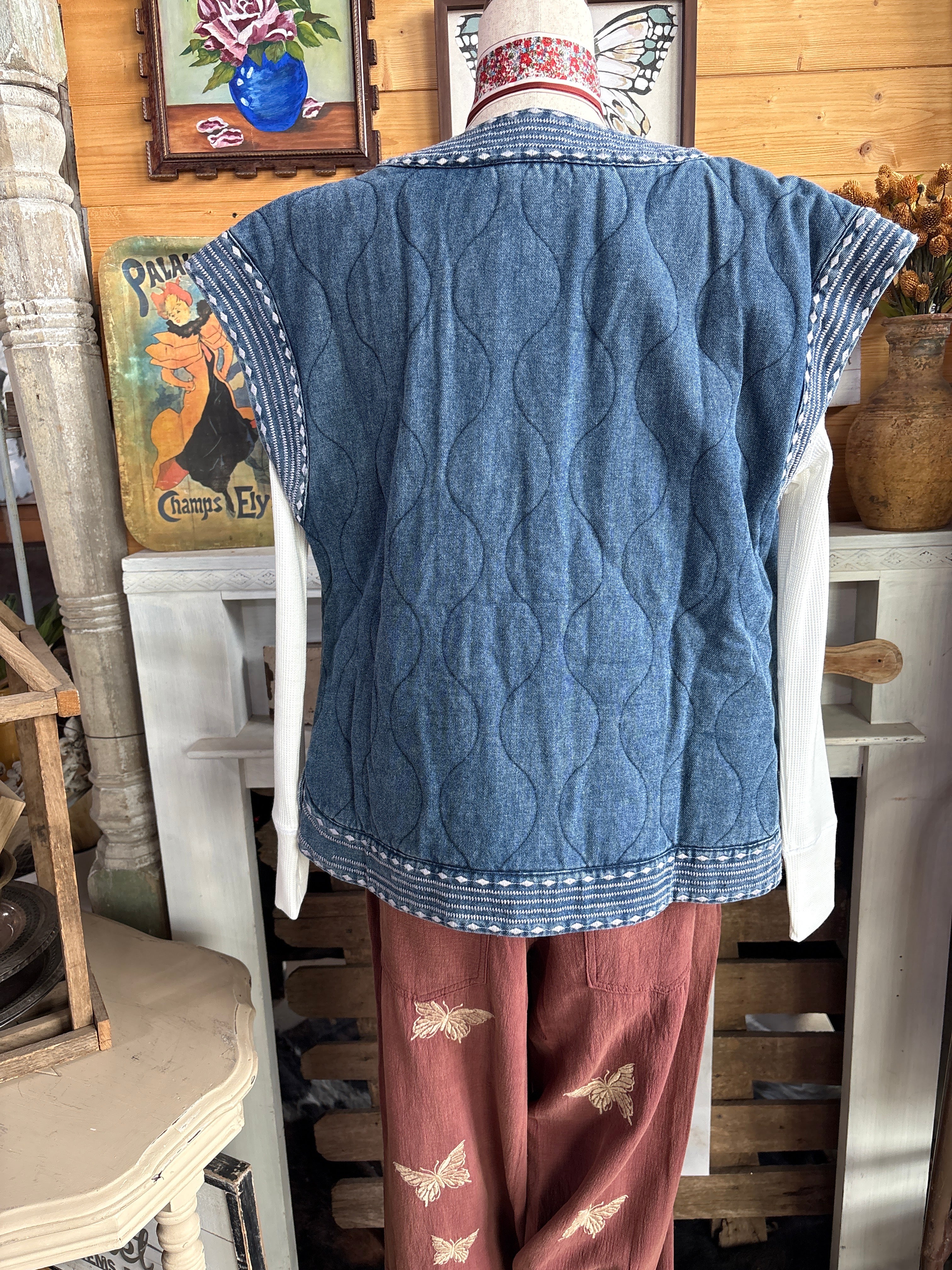 Embroidered Denim Hem Quilted Vest-Denim Vest-Easel-Stuffology - Where Vintage Meets Modern, A Boutique for Real Women in Crosbyton, TX