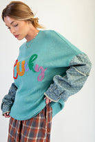 Lucky Letter Knit Sweater with Denim Sleeves-Sweaters-Easel-Stuffology - Where Vintage Meets Modern, A Boutique for Real Women in Crosbyton, TX