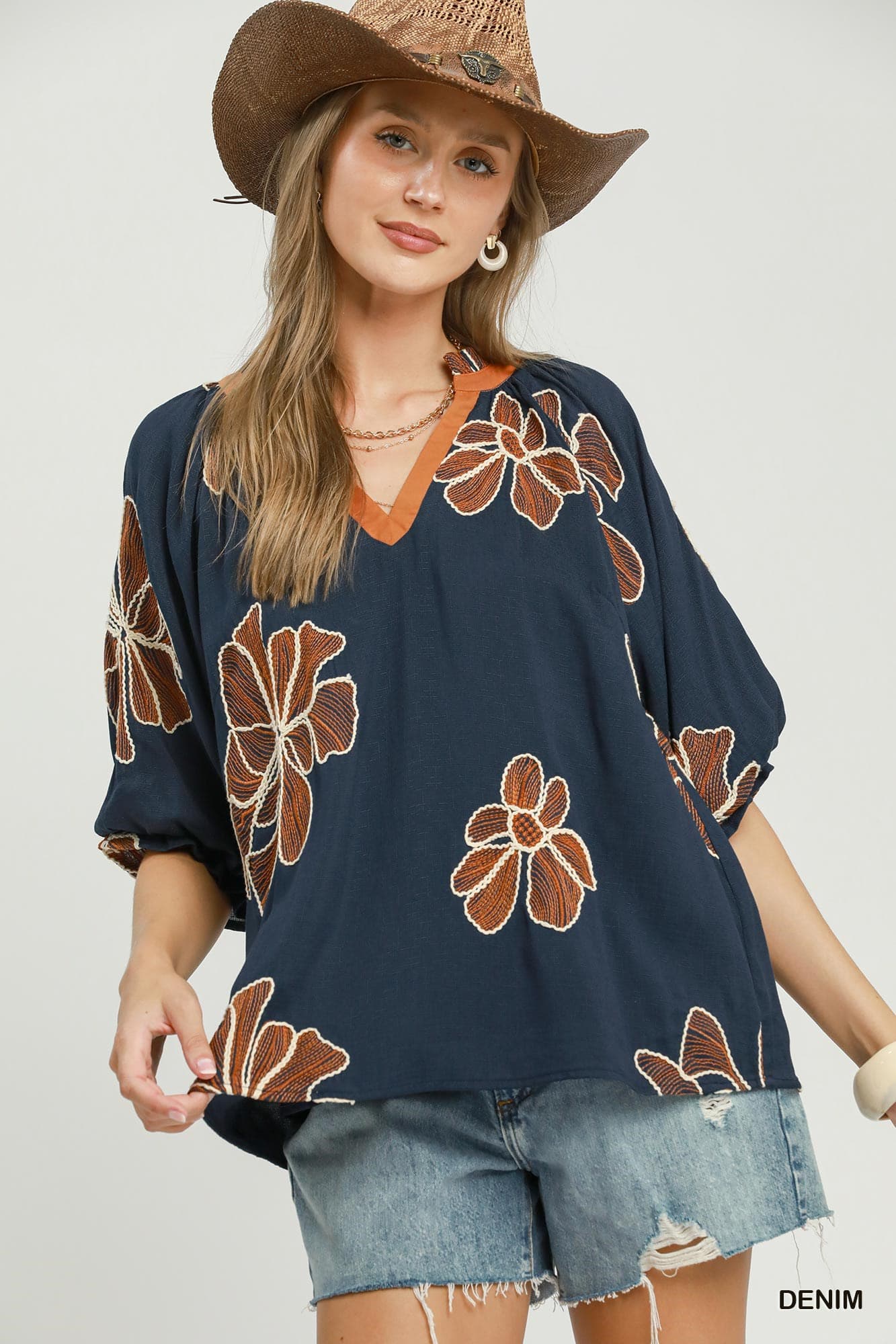 Floral Embroidered V-Neck Relaxed Top-TOP-Umgee-Stuffology - Where Vintage Meets Modern, A Boutique for Real Women in Crosbyton, TX