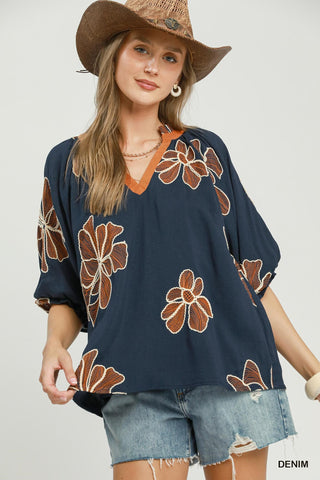 Floral Embroidered V-Neck Relaxed Top-TOP-Umgee-Stuffology - Where Vintage Meets Modern, A Boutique for Real Women in Crosbyton, TX