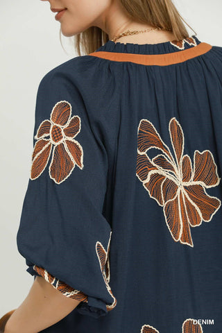Floral Embroidered V-Neck Relaxed Top-TOP-Umgee-Stuffology - Where Vintage Meets Modern, A Boutique for Real Women in Crosbyton, TX