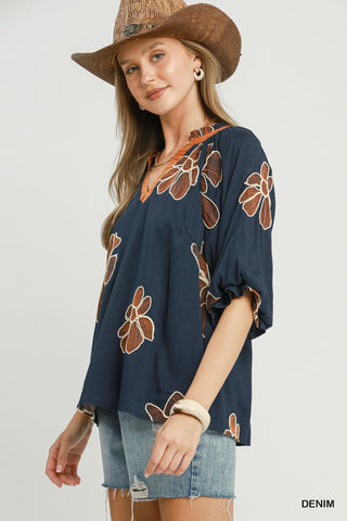 Floral Embroidered V-Neck Relaxed Top-TOP-Umgee-Stuffology - Where Vintage Meets Modern, A Boutique for Real Women in Crosbyton, TX