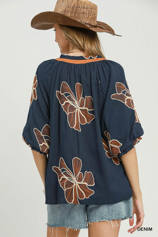 Floral Embroidered V-Neck Relaxed Top-TOP-Umgee-Stuffology - Where Vintage Meets Modern, A Boutique for Real Women in Crosbyton, TX