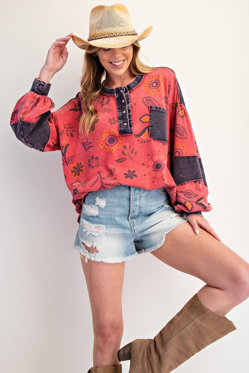 Easel Denim Mix Boho Red Floral Top-Tops-Easel-Stuffology - Where Vintage Meets Modern, A Boutique for Real Women in Crosbyton, TX