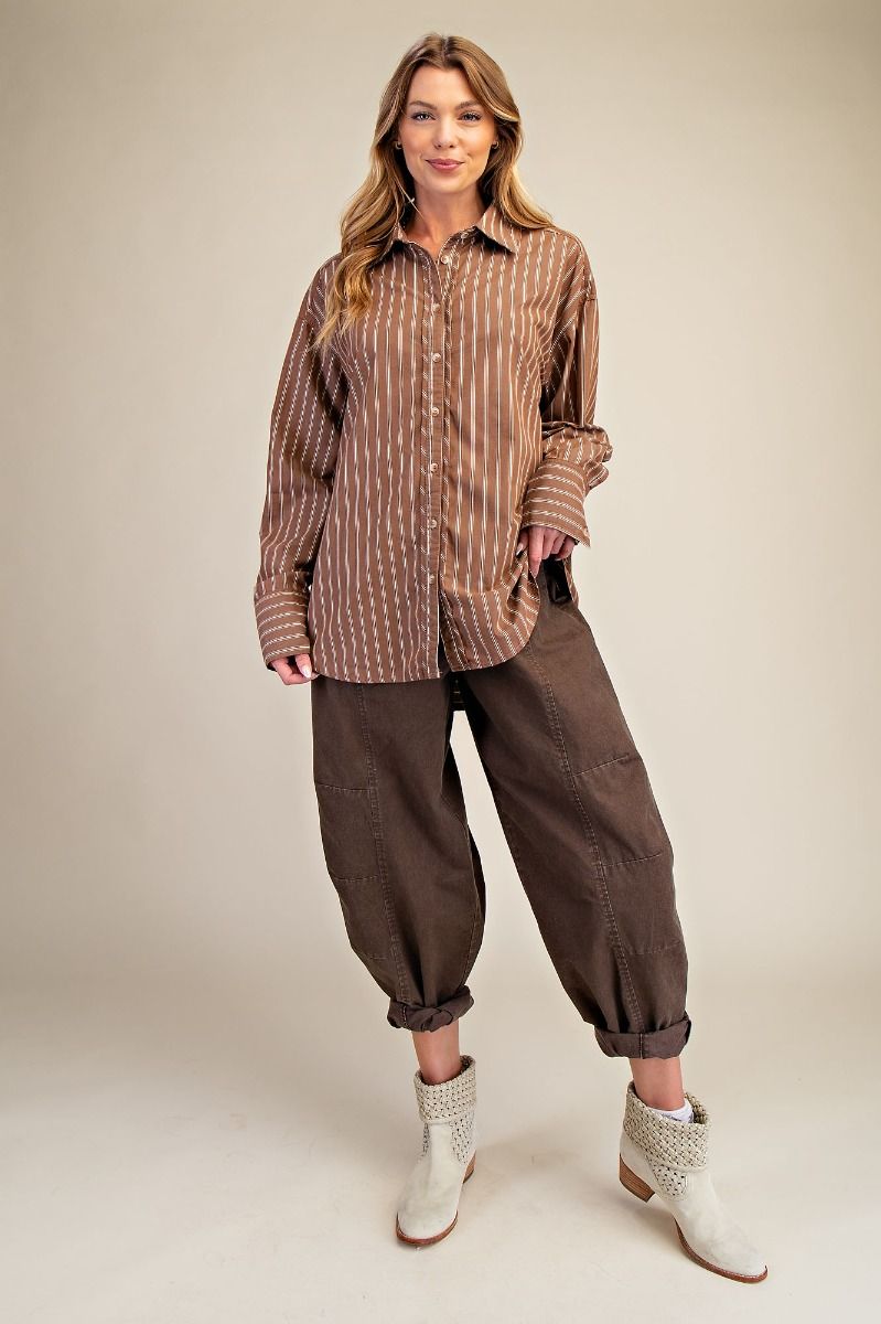 Brown Stripe Oversized Button Down Shirt-TOP-Easel-Stuffology - Where Vintage Meets Modern, A Boutique for Real Women in Crosbyton, TX