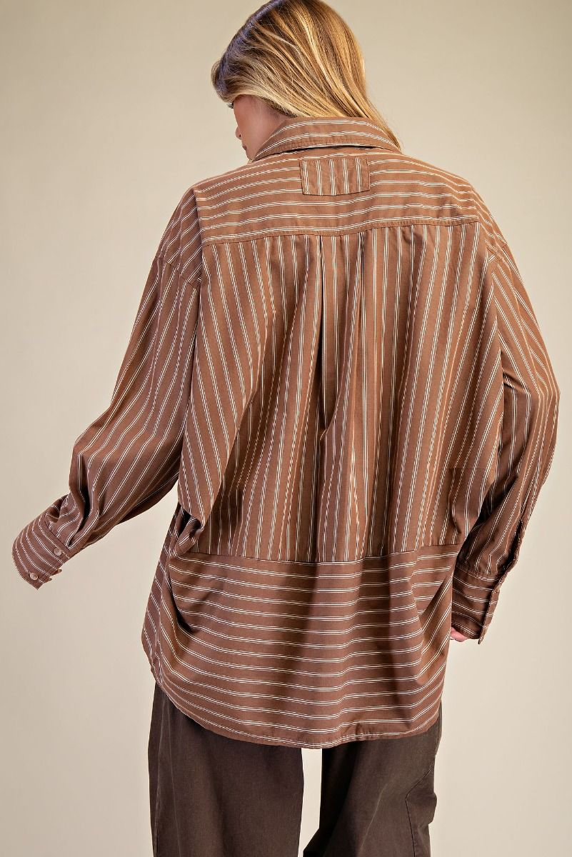 Brown Stripe Oversized Button Down Shirt-TOP-Easel-Stuffology - Where Vintage Meets Modern, A Boutique for Real Women in Crosbyton, TX