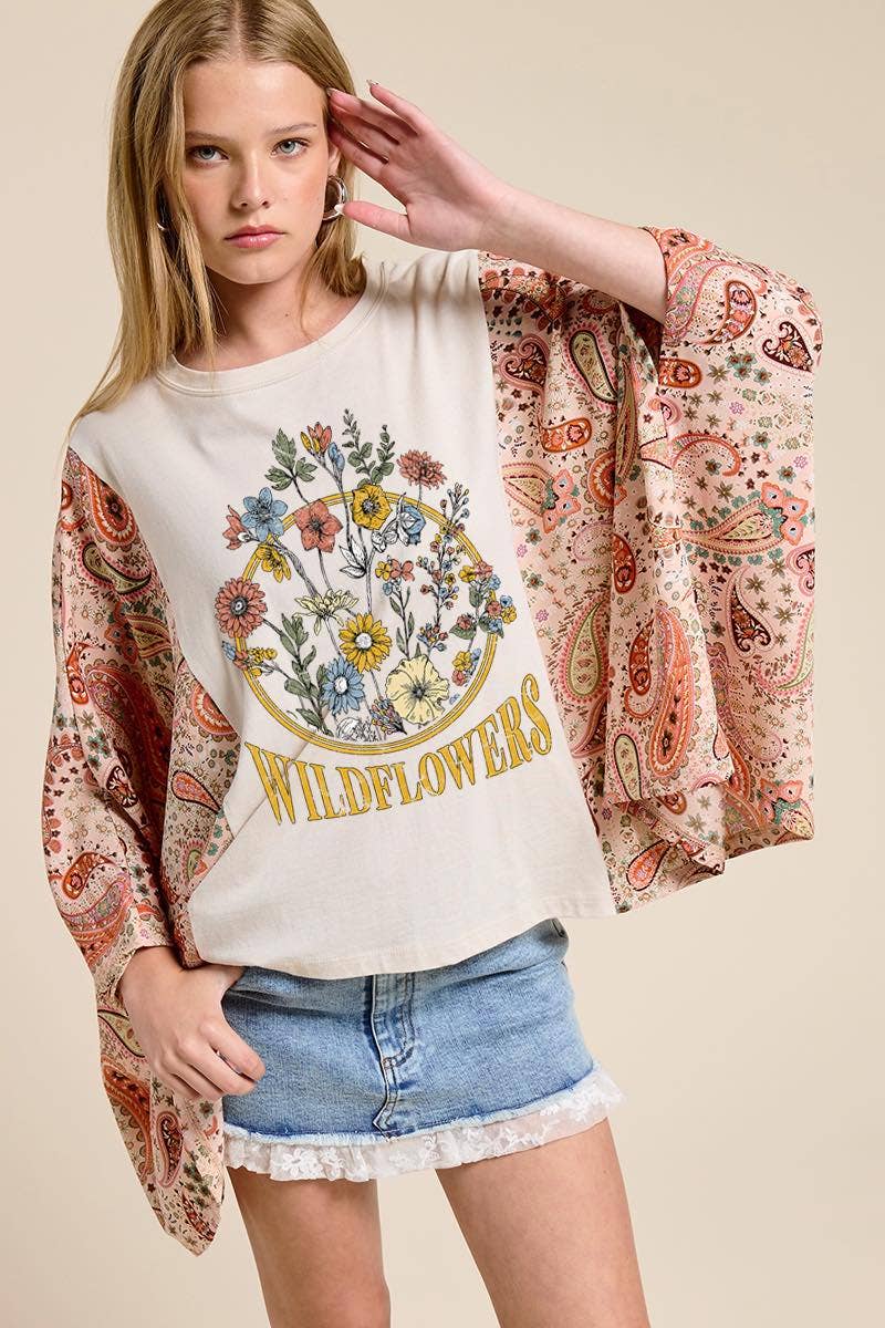 Wildflowers Vintage Graphic Rustic Contrast Poncho Top-Graphic Tees-Zutter-Stuffology - Where Vintage Meets Modern, A Boutique for Real Women in Crosbyton, TX