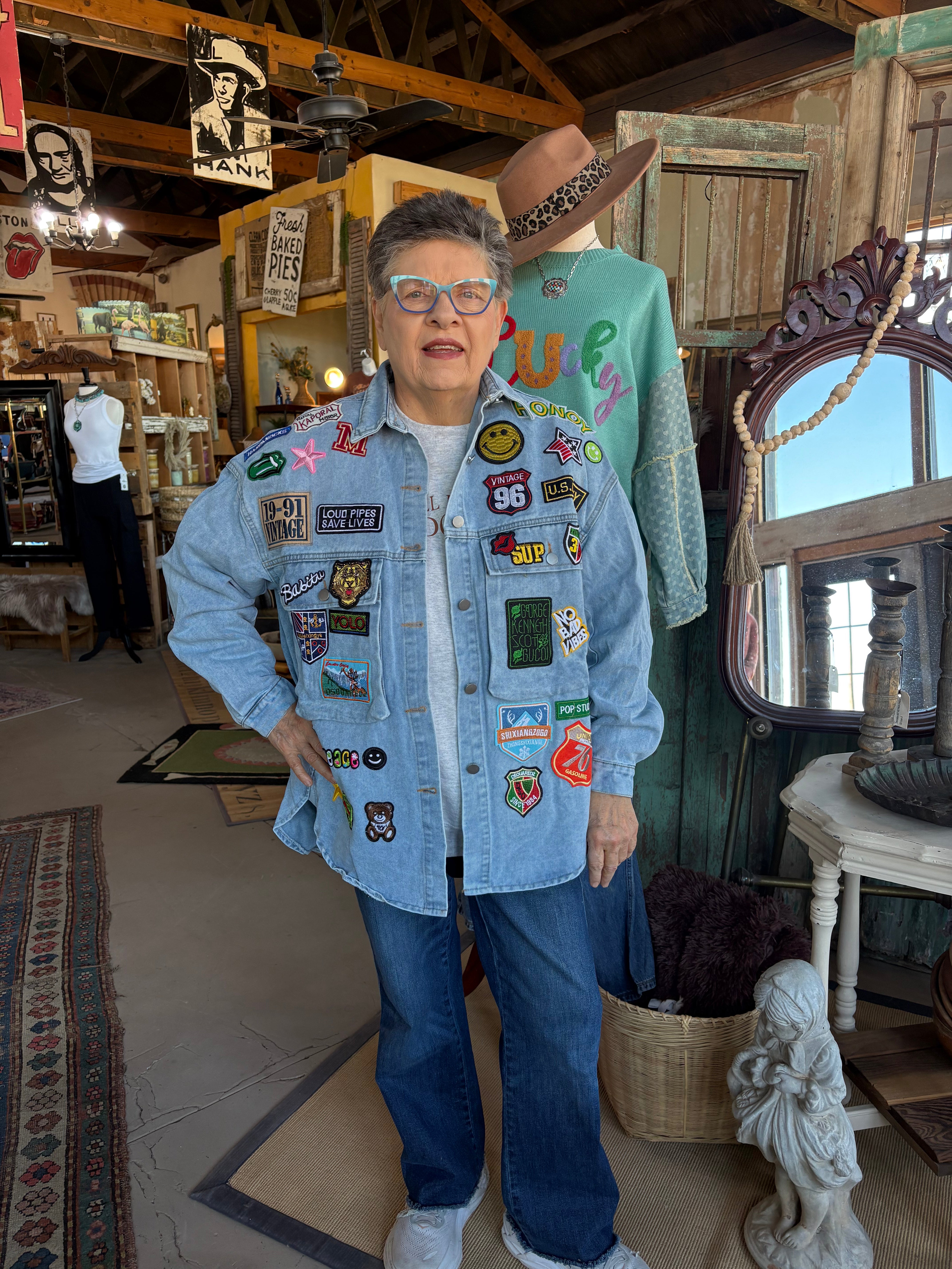 Multi Patch Oversized Denim Shirt Jacket-Denim Jacket-HiteJeans-Stuffology - Where Vintage Meets Modern, A Boutique for Real Women in Crosbyton, TX