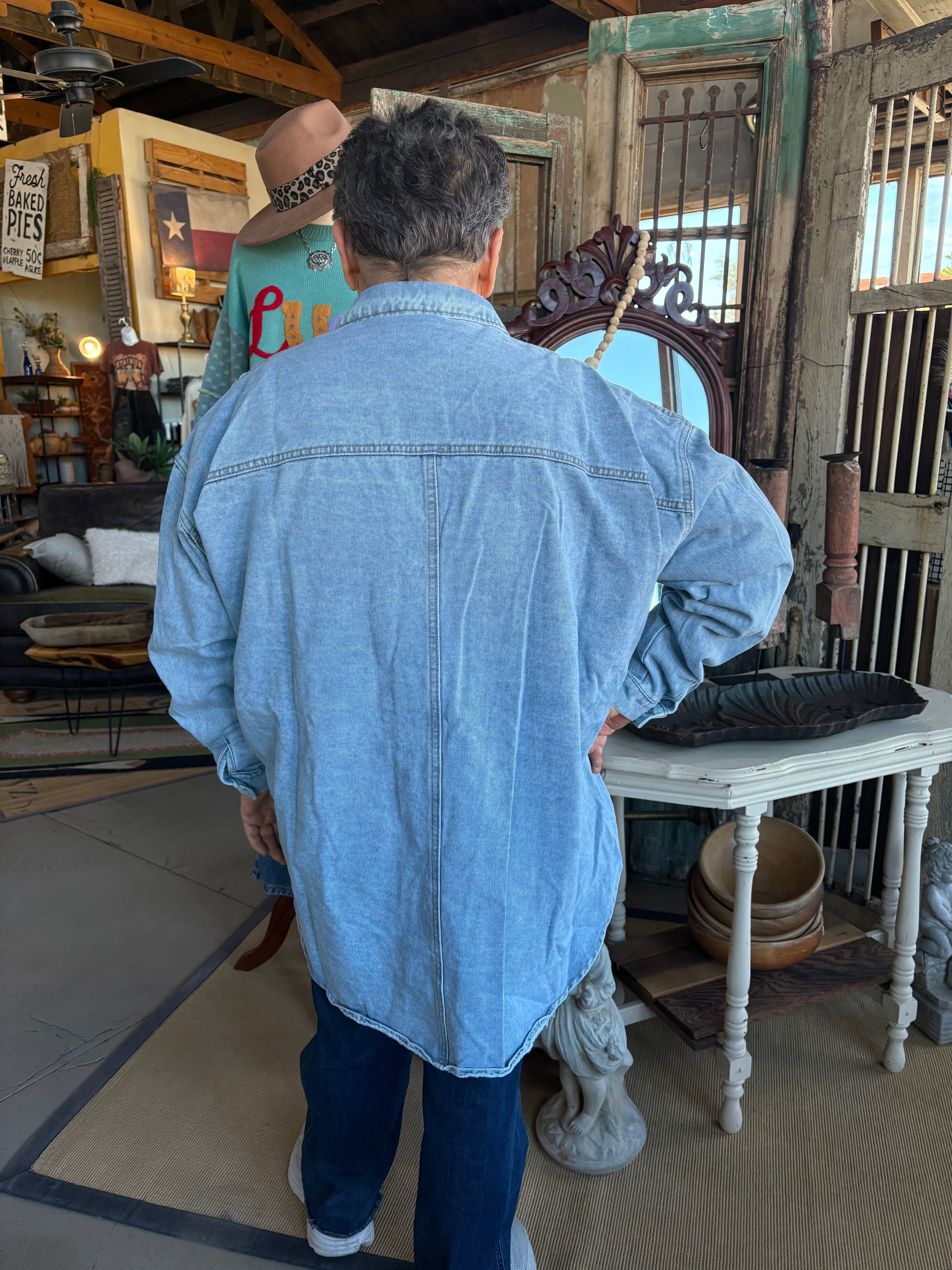 Multi Patch Oversized Denim Shirt Jacket-Denim Jacket-HiteJeans-Stuffology - Where Vintage Meets Modern, A Boutique for Real Women in Crosbyton, TX